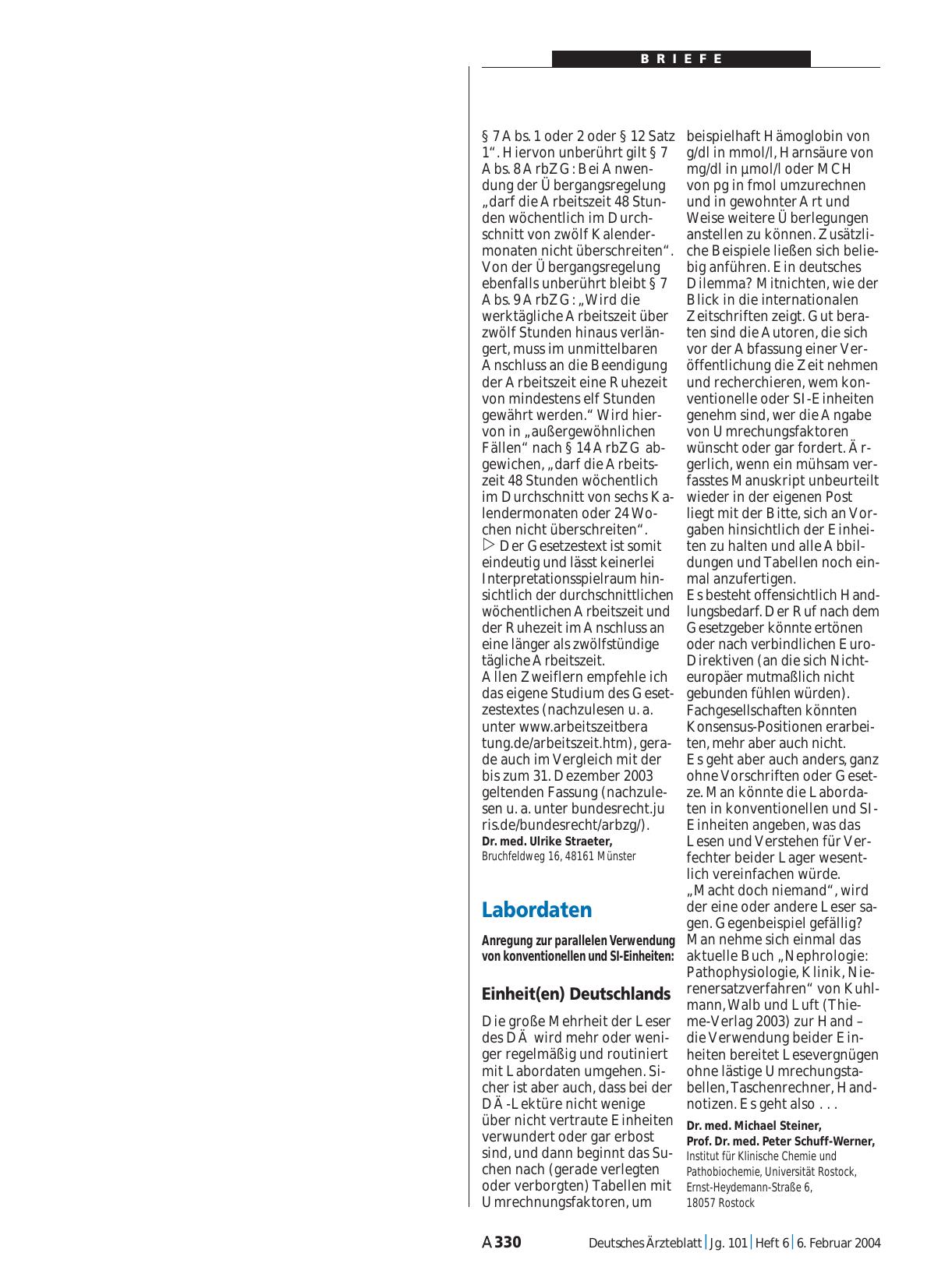 Vorschauseite 1: Labordaten: Einheit(en) Deutschlands