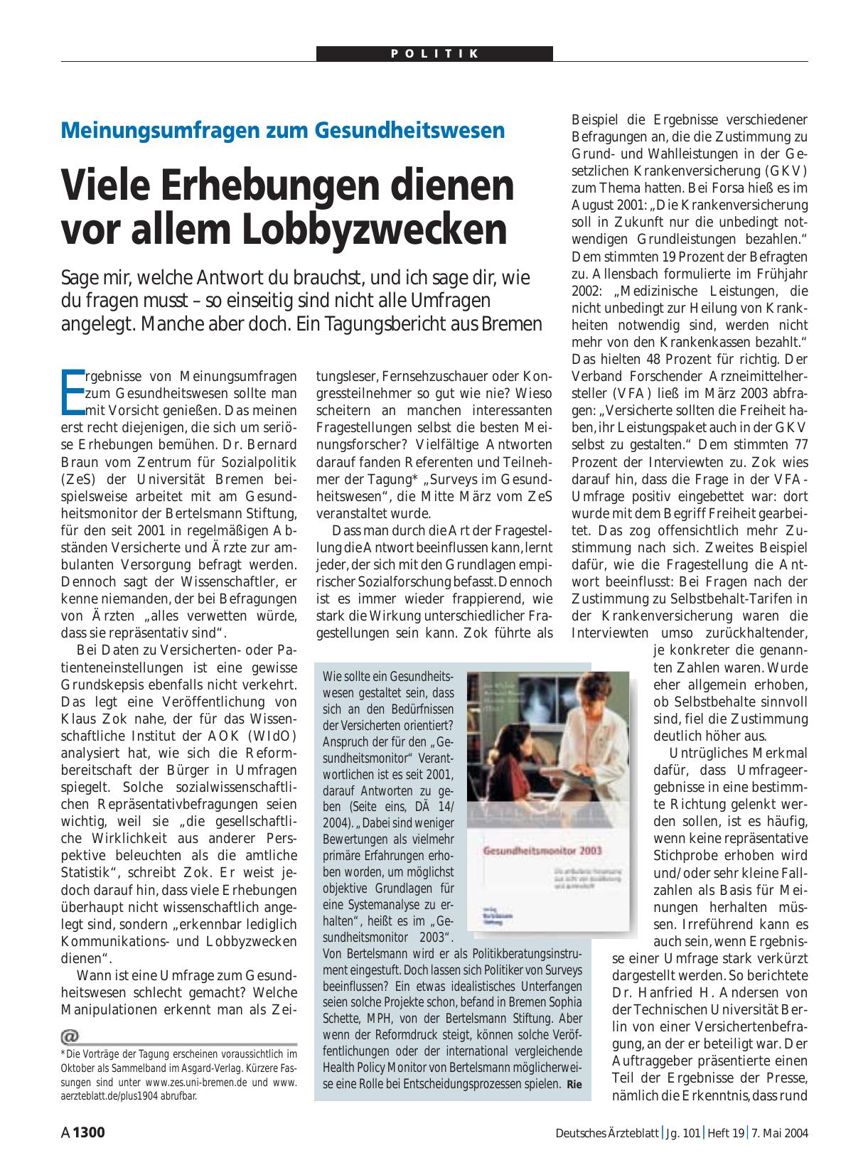 Vorschauseite 1: Meinungsumfragen zum Gesundheitswesen: Viele Erhebungen dienen vor allem Lobbyzwecken