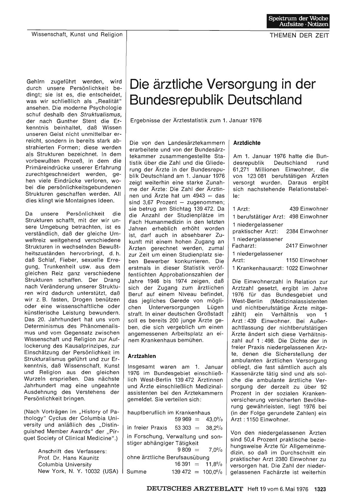 Vorschauseite 1: Die ärztliche Versorgung in der Bundesrepublik Deutschland: Ergebnisse der Ärztestatistik zum 1. Januar 1976