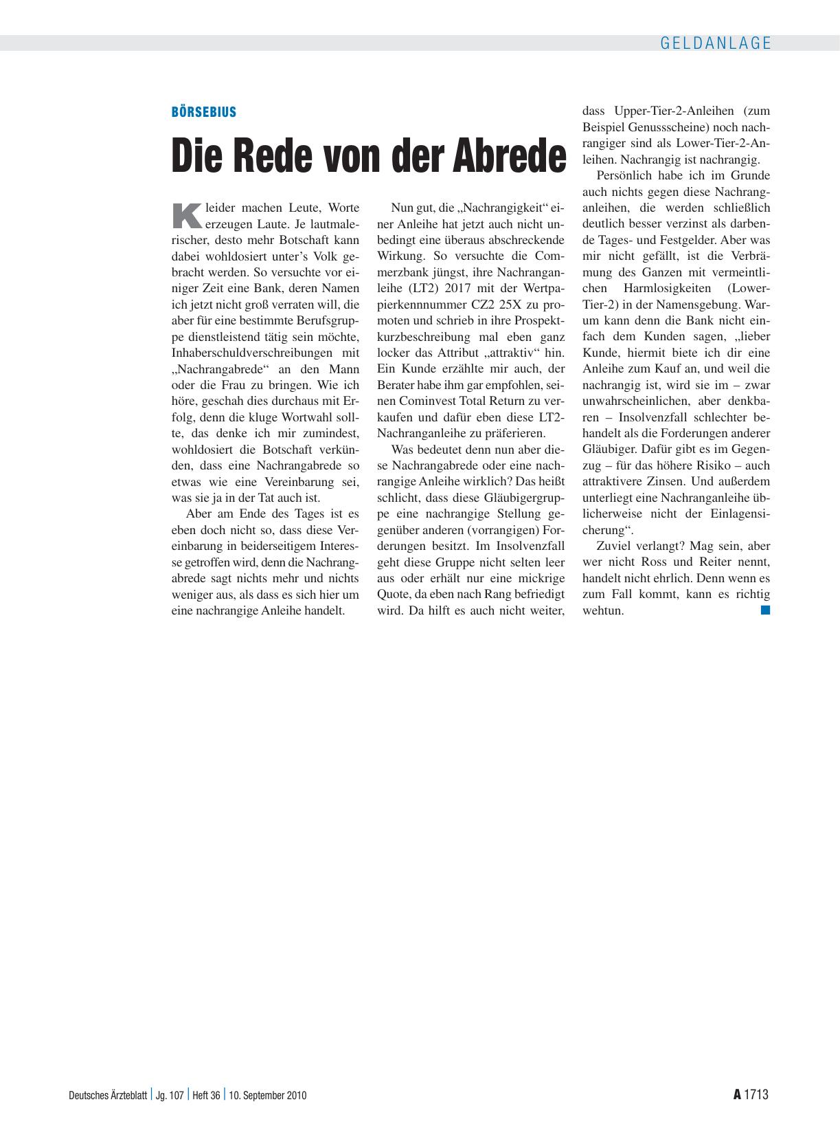 Vorschauseite 1: Börsebius: Die Rede von der Abrede