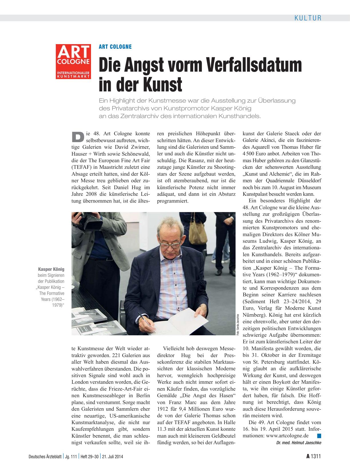 Vorschauseite 1: Art Cologne: Die Angst vorm Verfallsdatum in der Kunst