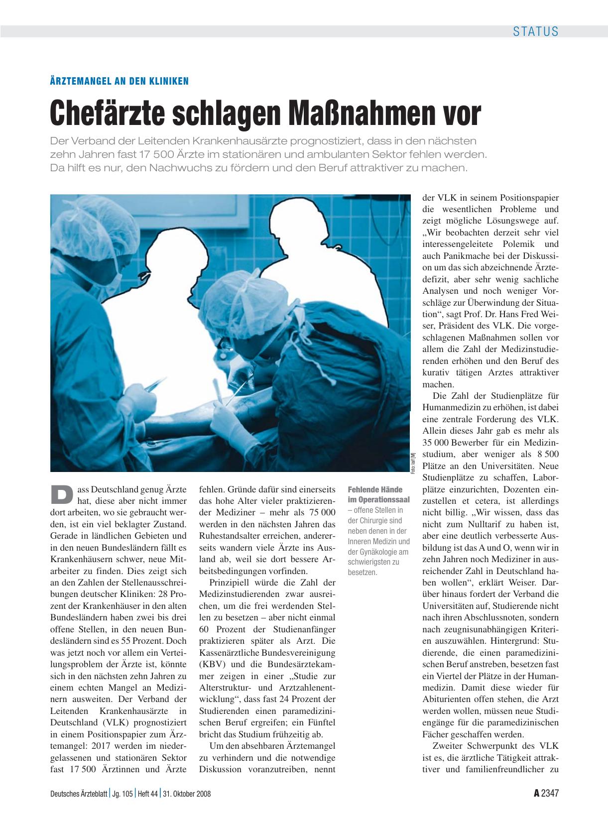 Vorschauseite 1: Ärztemangel an den Kliniken: Chefärzte schlagen Maßnahmen vor