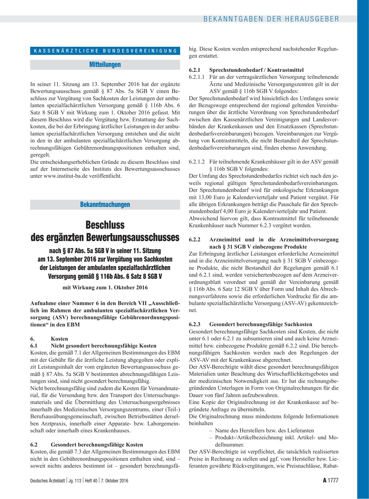 Vorschauseite 1: Beschluss des ergänzten Bewertungsausschusses nach § 87 Abs. 5a SGB V in seiner 11. Sitzung am 13. September 2016 zur Vergütung von Sachkosten der Leistungen der ambulanten spezia…