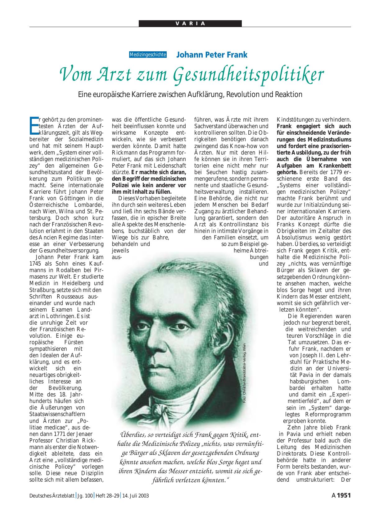 Vorschauseite 1: . .. Johann Peter Frank: Vom Arzt zum Gesundheitspolitiker