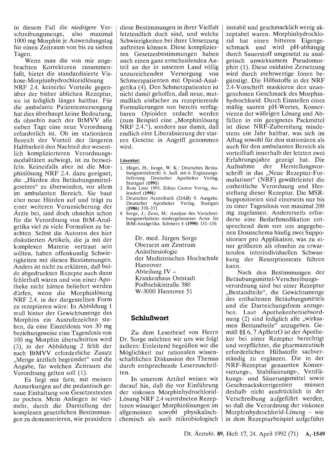 Vorschauseite 1: Orale Morphintherapie schwerer Tumorschmerzen: Schlußwort