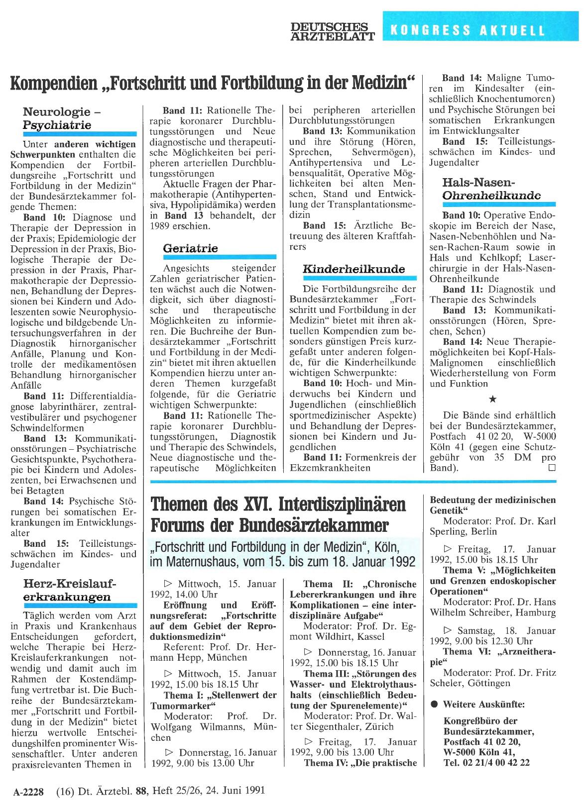 Vorschauseite 1: Themen des XVI. Interdisziplinären Forums der Bundesärztekammer