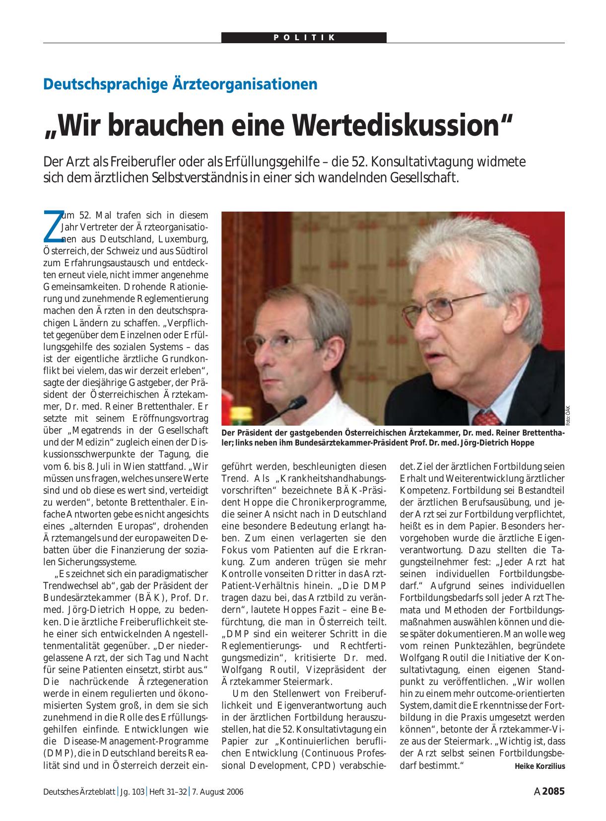 Vorschauseite 1: Deutschsprachige Ärzteorganisationen: „Wir brauchen eine Wertediskussion“