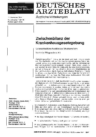 Vorschauseite 1: Zwischenbilanz der Krankenhausgesetzgebung: Unterschiedliche Ansätze zur Strukturreform — Verfehlte Pflegesatzpolitik