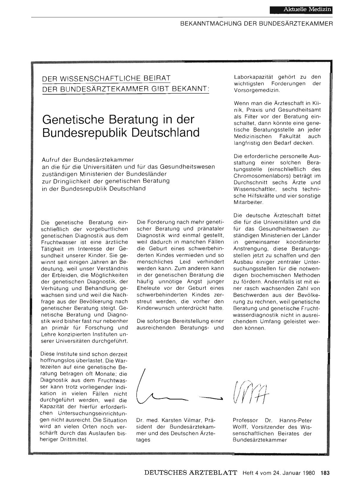Vorschauseite 1: Der Wissenschaftliche Beirat der Bundesärztekammer gibt bekannt: Genetische Beratung in der Bundesrepublik Deutschland