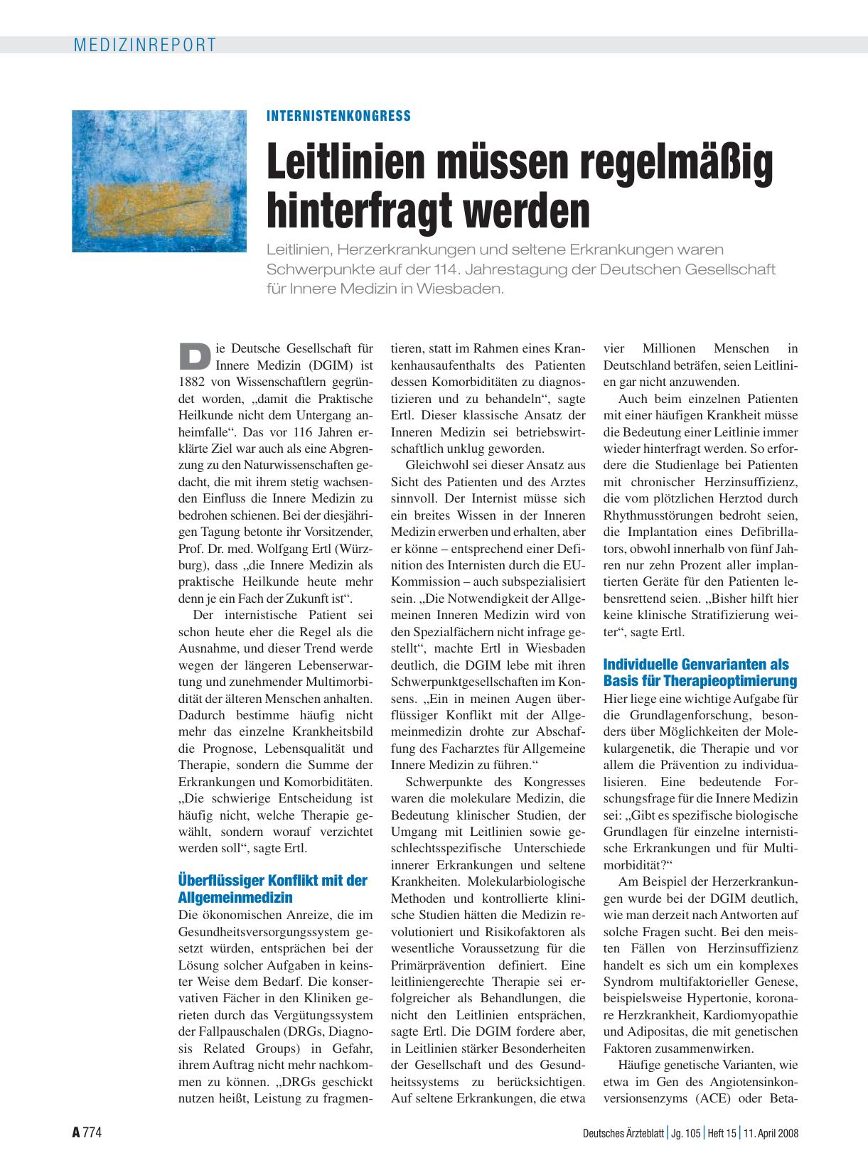 Vorschauseite 1: Internistenkongress: Leitlinien müssen regelmäßig hinterfragt werden