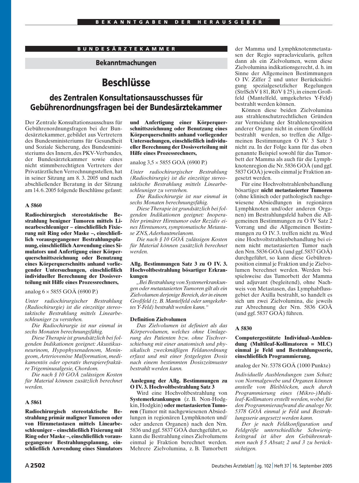 Vorschauseite 1: Bekanntmachungen: Beschlüsse des Zentralen Konsultationsausschusses für Gebührenordnungsfragen bei der Bundesärztekammer