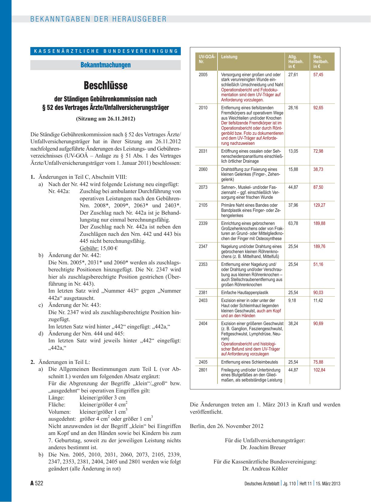 Vorschauseite 1: Beschlüsse der Ständigen Gebührenkommission nach § 52 des Vertrages Ärzte/Unfallversicherungsträger