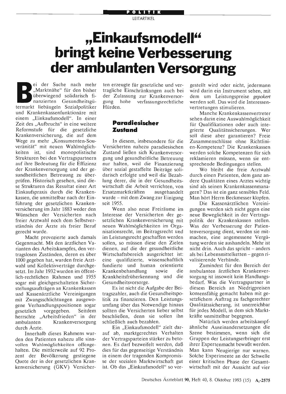 Vorschauseite 1: „Einkaufsmodell“ bringt keine Verbesserung der ambulanten Versorgung