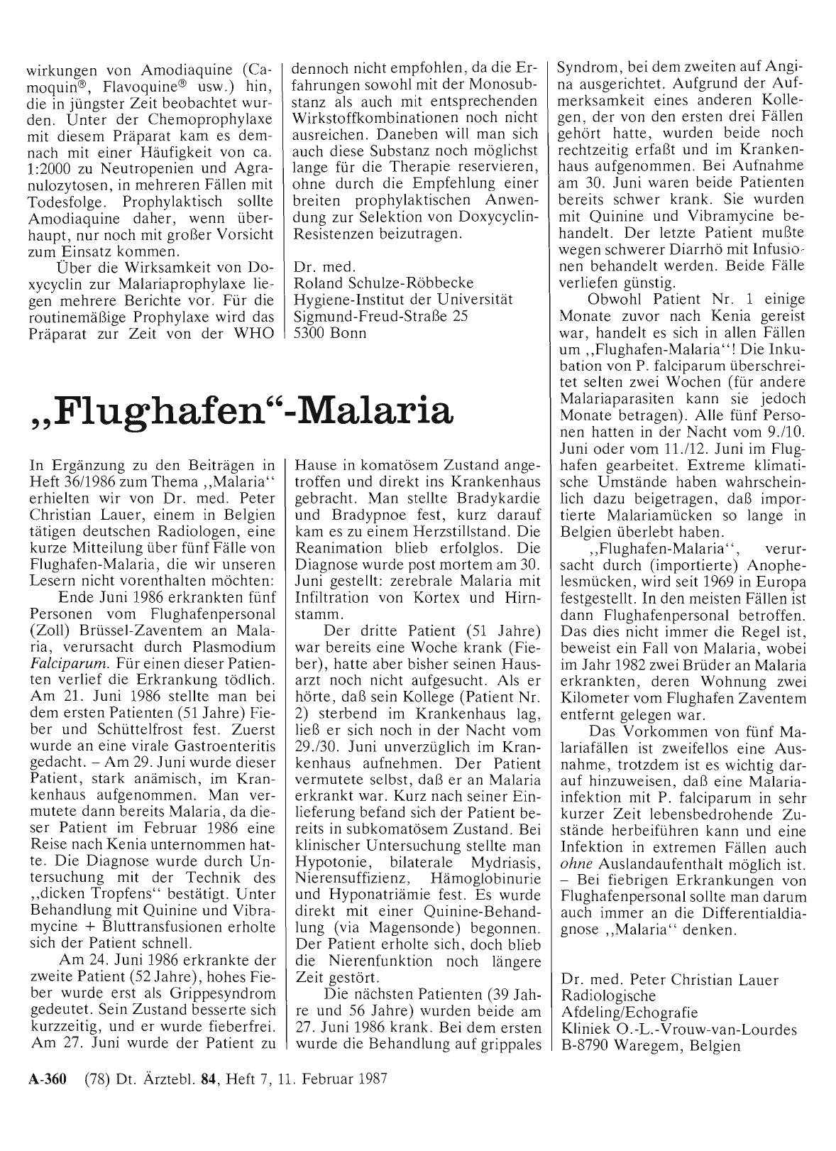 Vorschauseite 1: Malaria-Prophylaxe - Stand 1986: „Flughafen“-Malaria