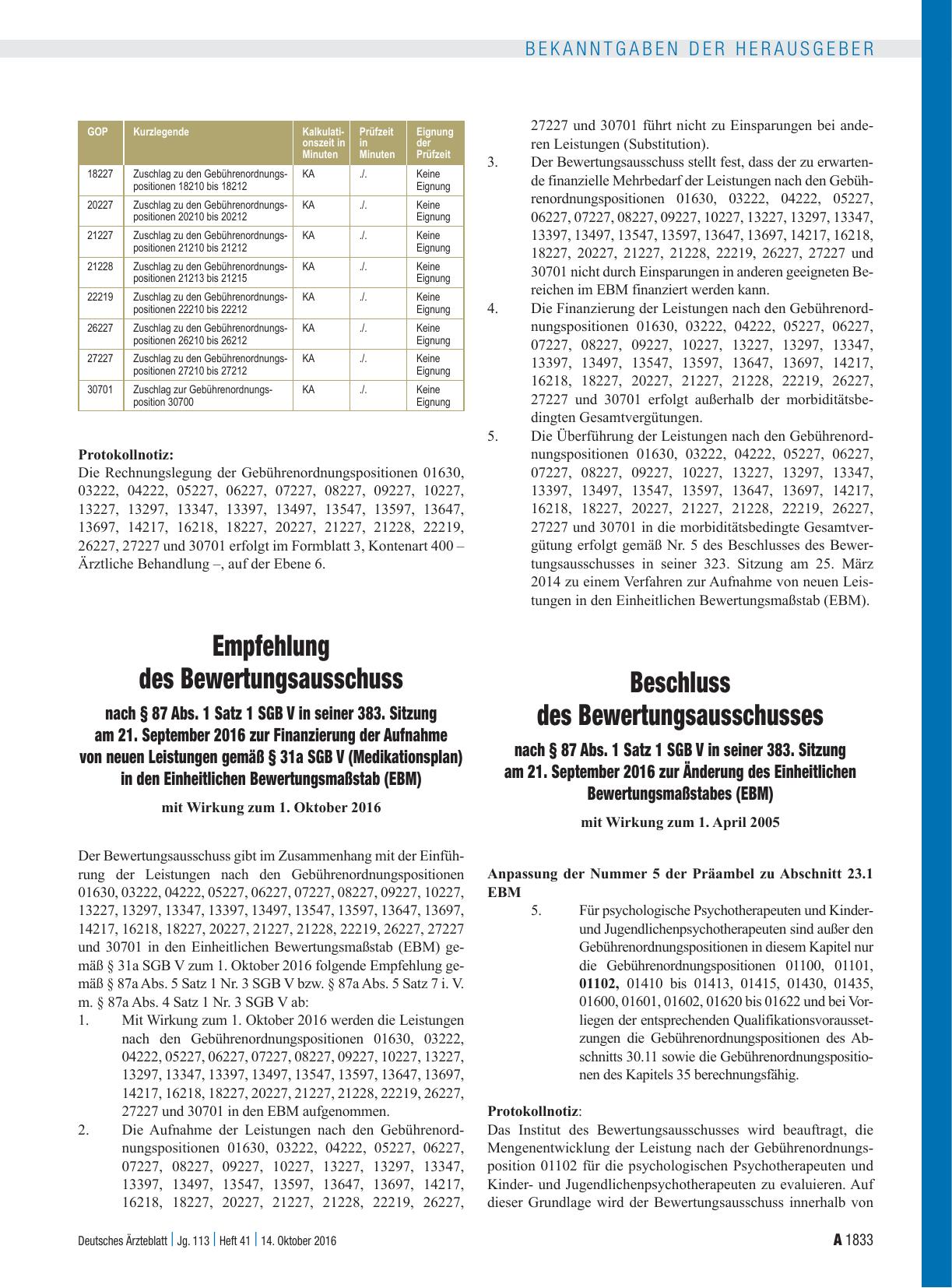 Vorschauseite 1: Beschluss des Bewertungsausschusses nach § 87 Abs. 1 Satz 1 SGB V in seiner 383. Sitzung am 21. September 2016 zur Änderung des Einheitlichen Bewertungsmaßstabes (EBM)