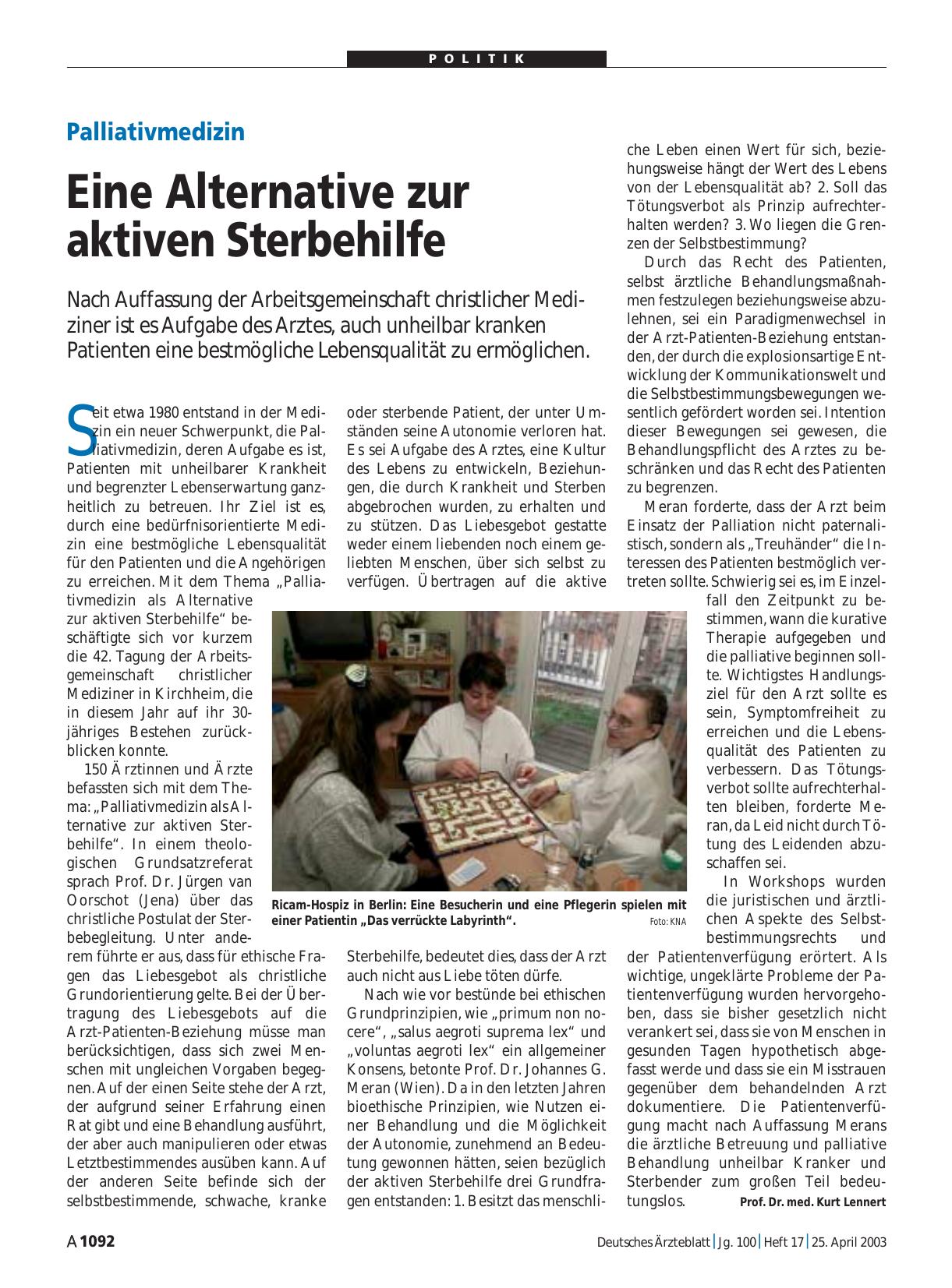 Vorschauseite 1: Palliativmedizin: Eine Alternative zur aktiven Sterbehilfe