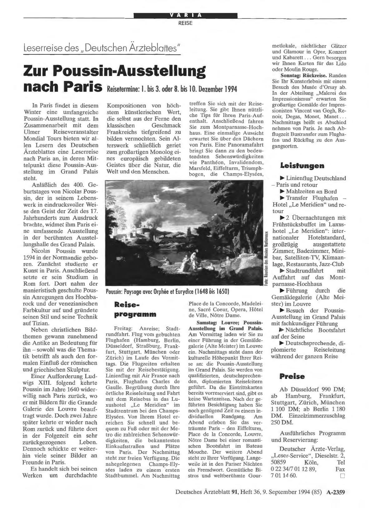 Vorschauseite 1: Leserreise des“ Deutschen Ärzteblottes“ Zur Poussin-Ausstellung nach Paris