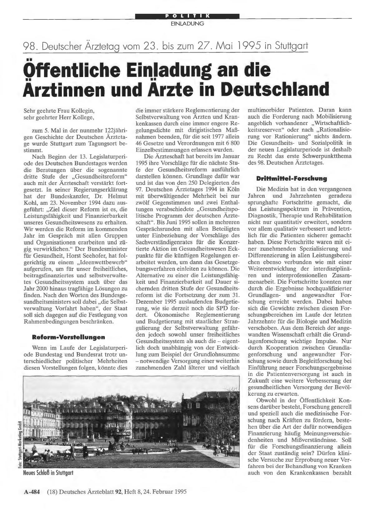 Vorschauseite 1: 98. Deutscher Ärztetag vom 23. bis zum 27. Mai 1995 in Stuttgart: Öffentliche Einladung an die Arztinnen und Ärzte in Deutschland