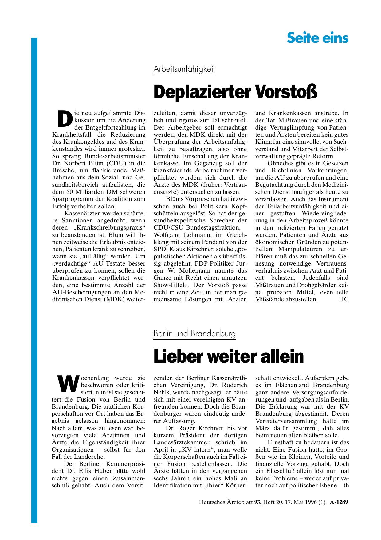 Vorschauseite 1: Berlin und Brandenburg: Lieber weiter allein