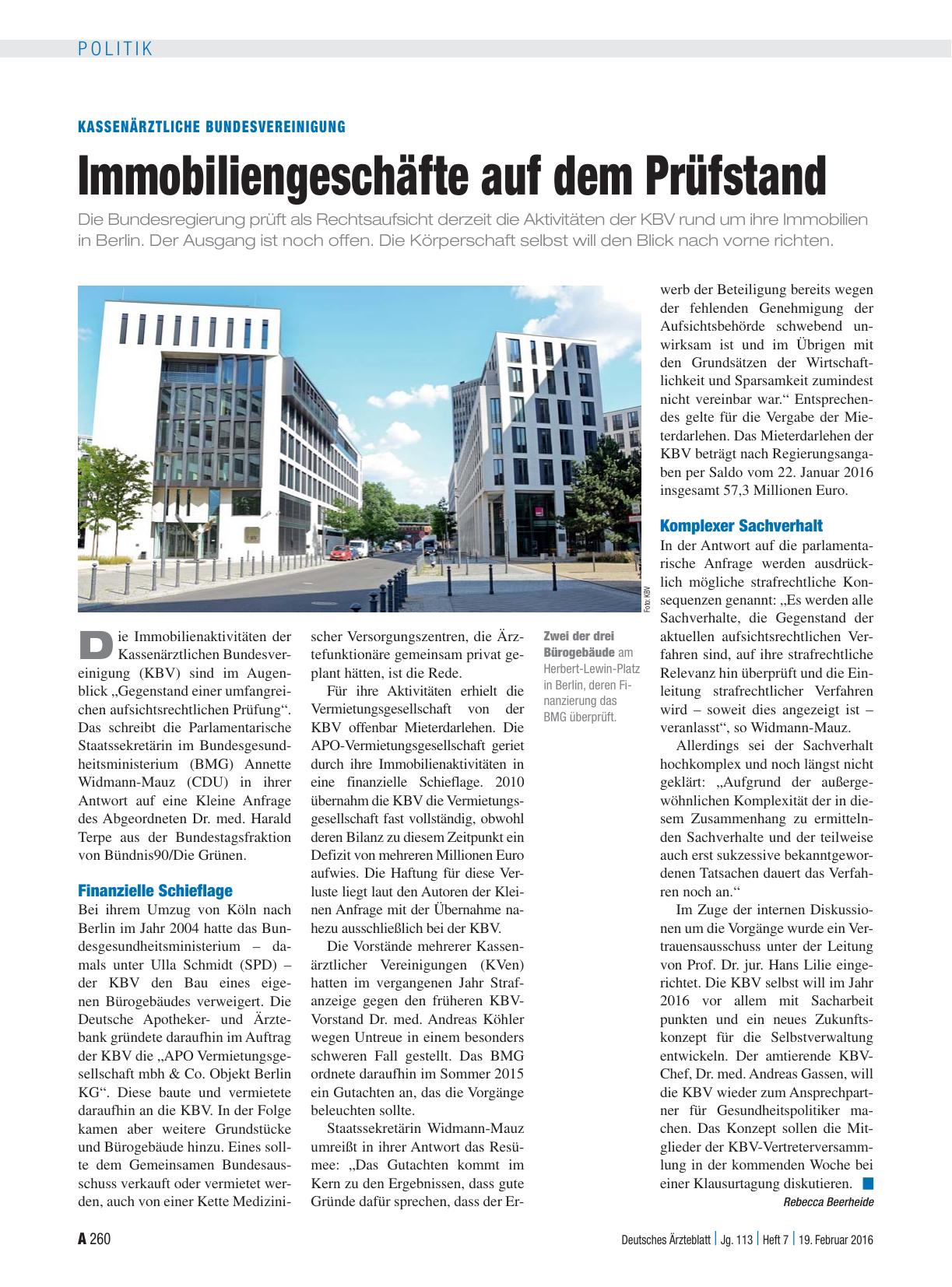 Vorschauseite 1: Kassenärztliche Bundesvereinigung: Immobiliengeschäfte auf dem Prüfstand