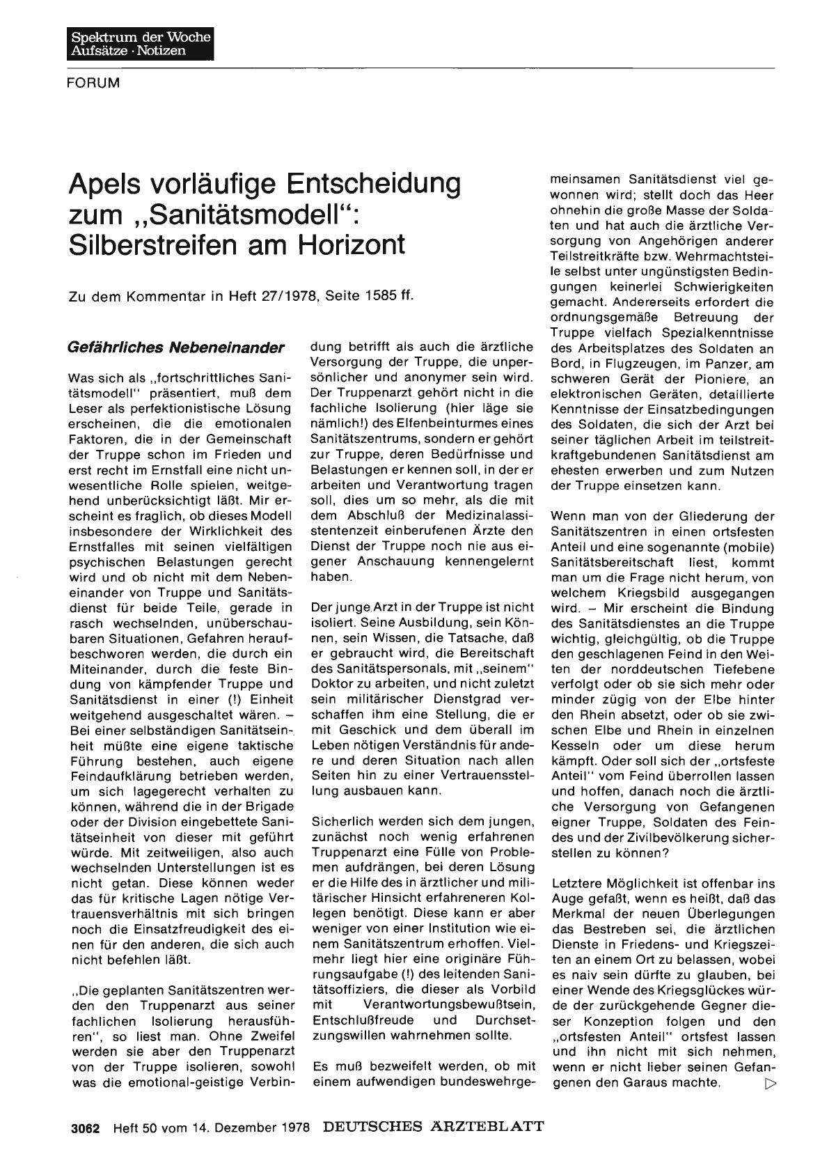 Vorschauseite 1: Apels vorläufige Entscheidung zum „Sanitätsmodell“: Silberstreifen am Horizont: Gefährliches Nebeneinander
