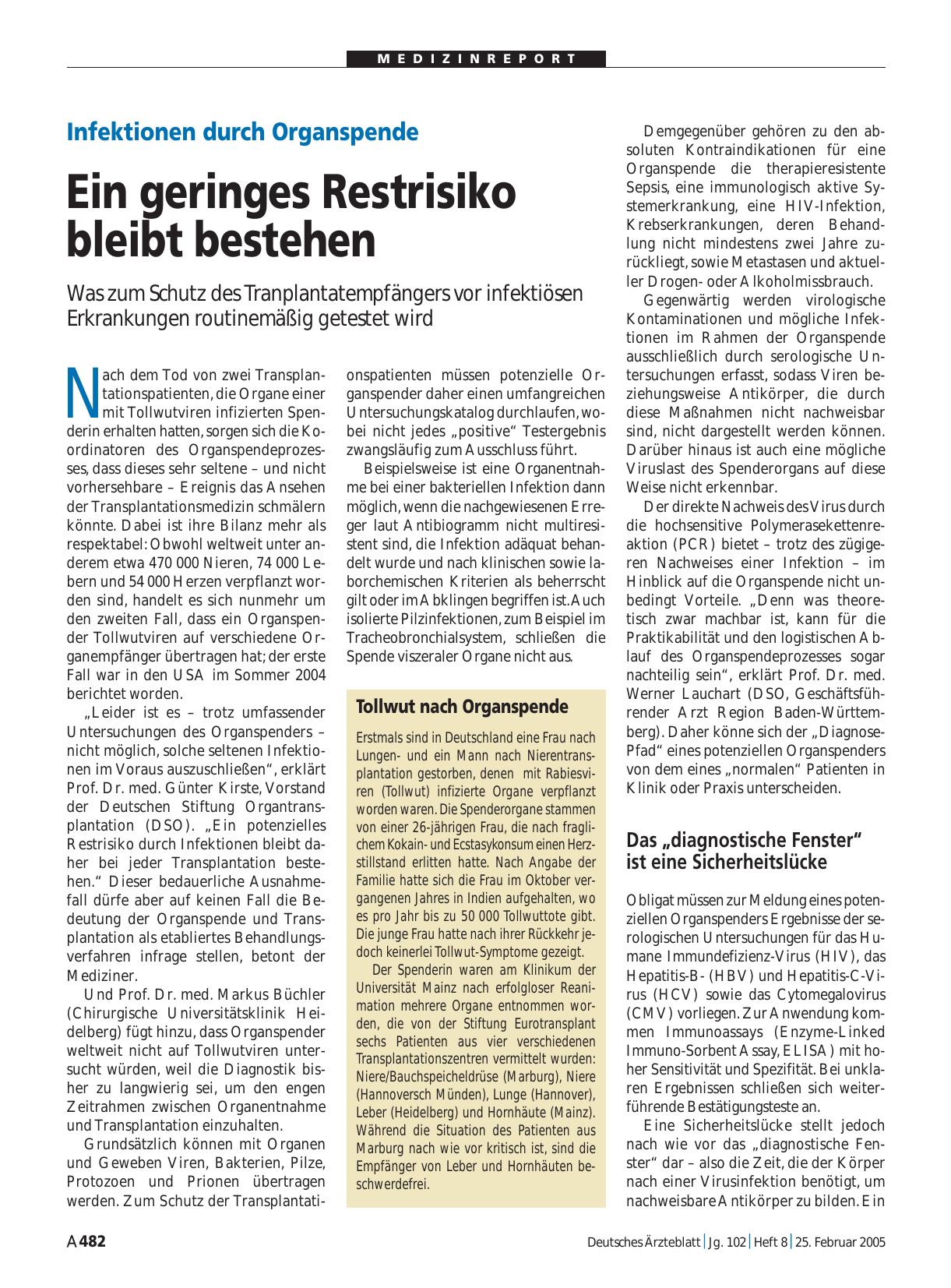 Vorschauseite 1: Infektionen durch Organspende: Ein geringes Restrisiko bleibt bestehen