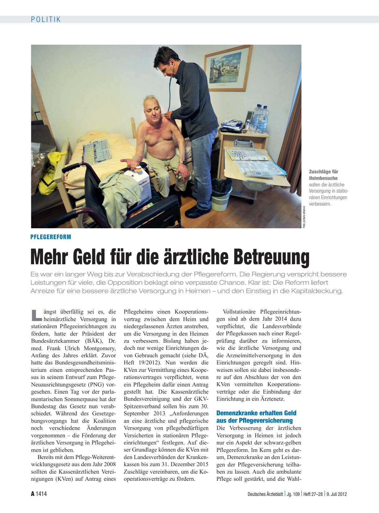 Vorschauseite 1: Pflegereform: Mehr Geld für die ärztliche Betreuung