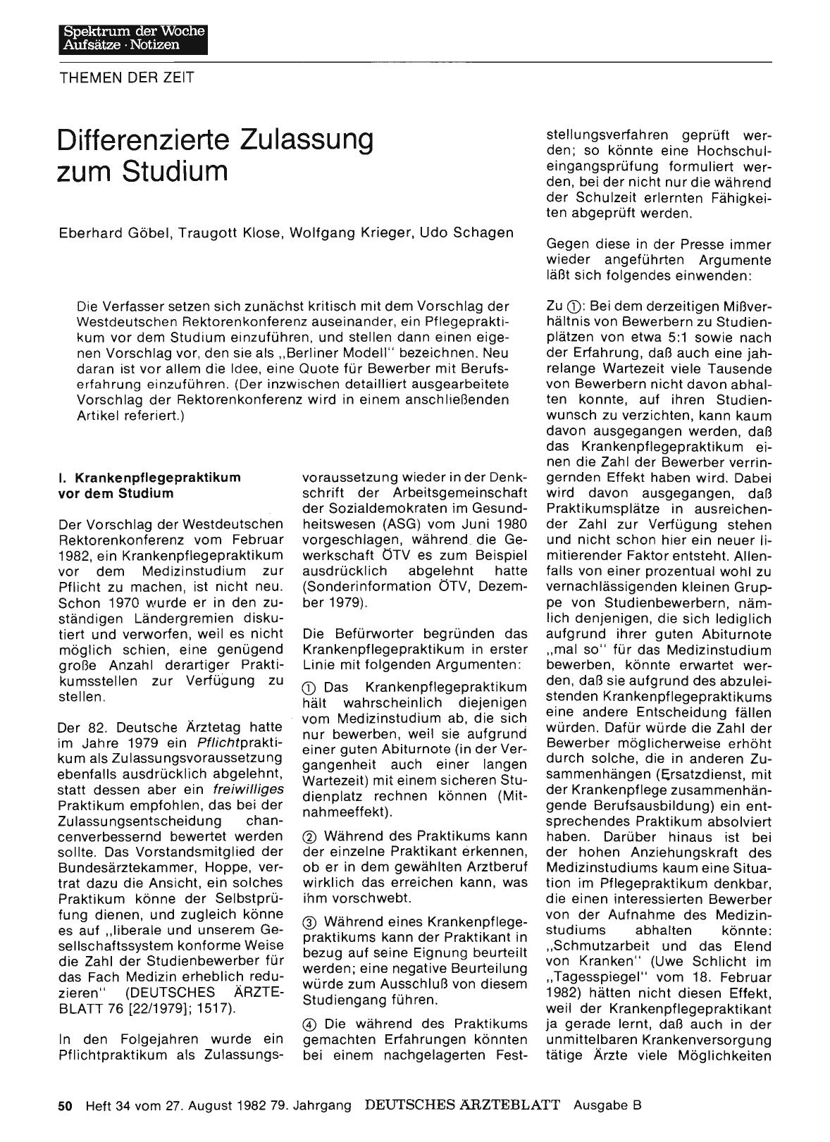 Vorschauseite 1: Differenzierte Zulassung zum Studium