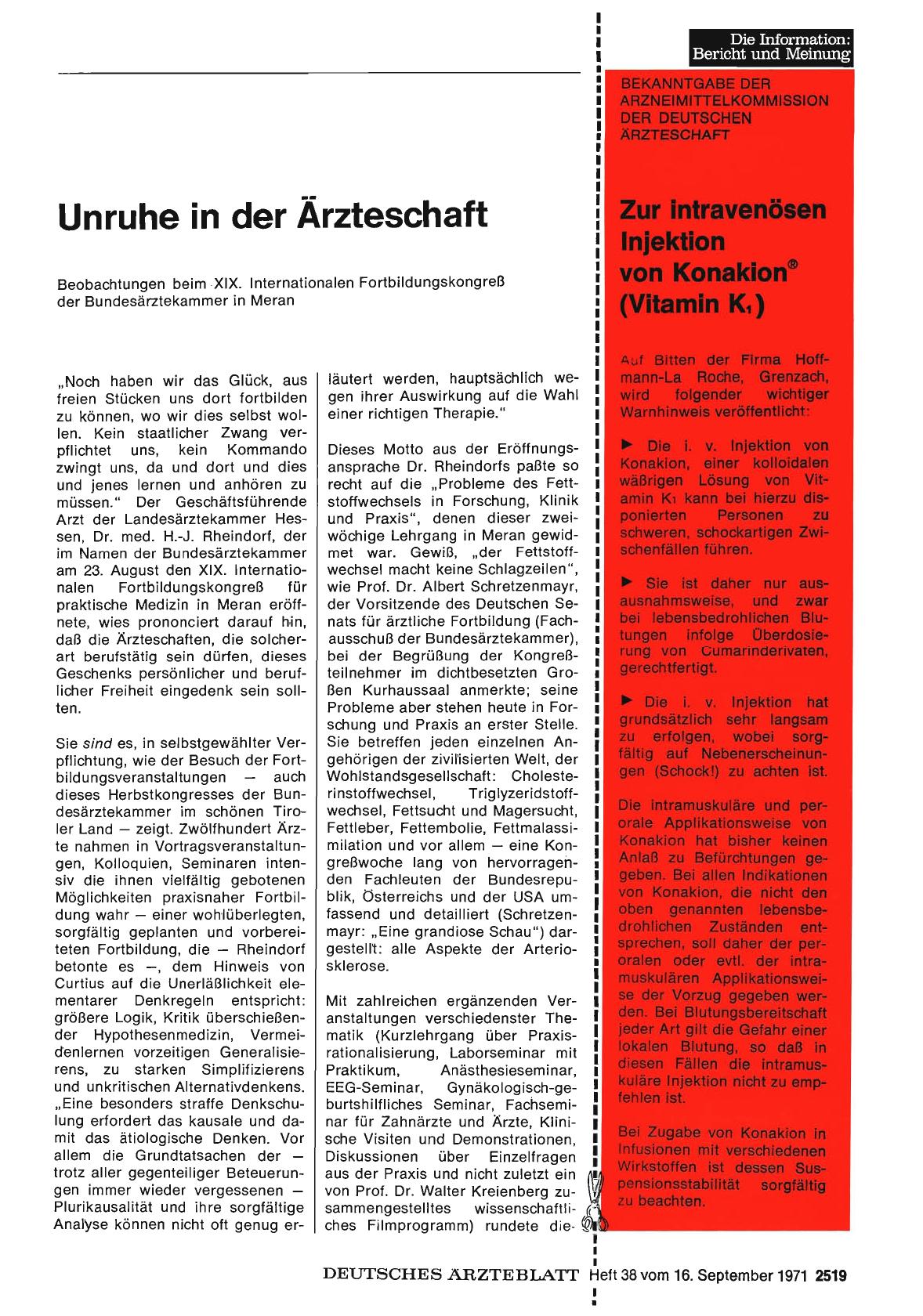Vorschauseite 1: Unruhe in der Ärzteschaft: Beobachtungen beim XIX. Internationalen Fortbildungskongreß der Bundesärztekammer in Meran