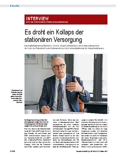 Vorschauseite 1: Interview mit Dr. med. (I) Klaus Reinhardt, Präsident der Bundesärztekammer: Es droht ein Kollaps der stationären Versorgung