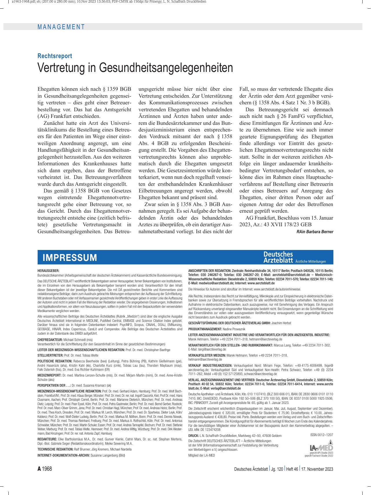 Vorschauseite 1: Rechtsreport: Vertretung in Gesundheitsangelegenheiten