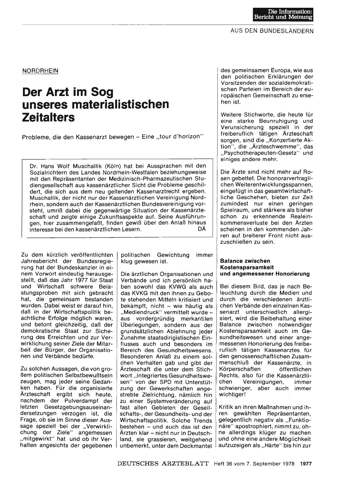 Vorschauseite 1: Nordrhein: Der Arzt im Sog unseres materialistischen Zeitalters