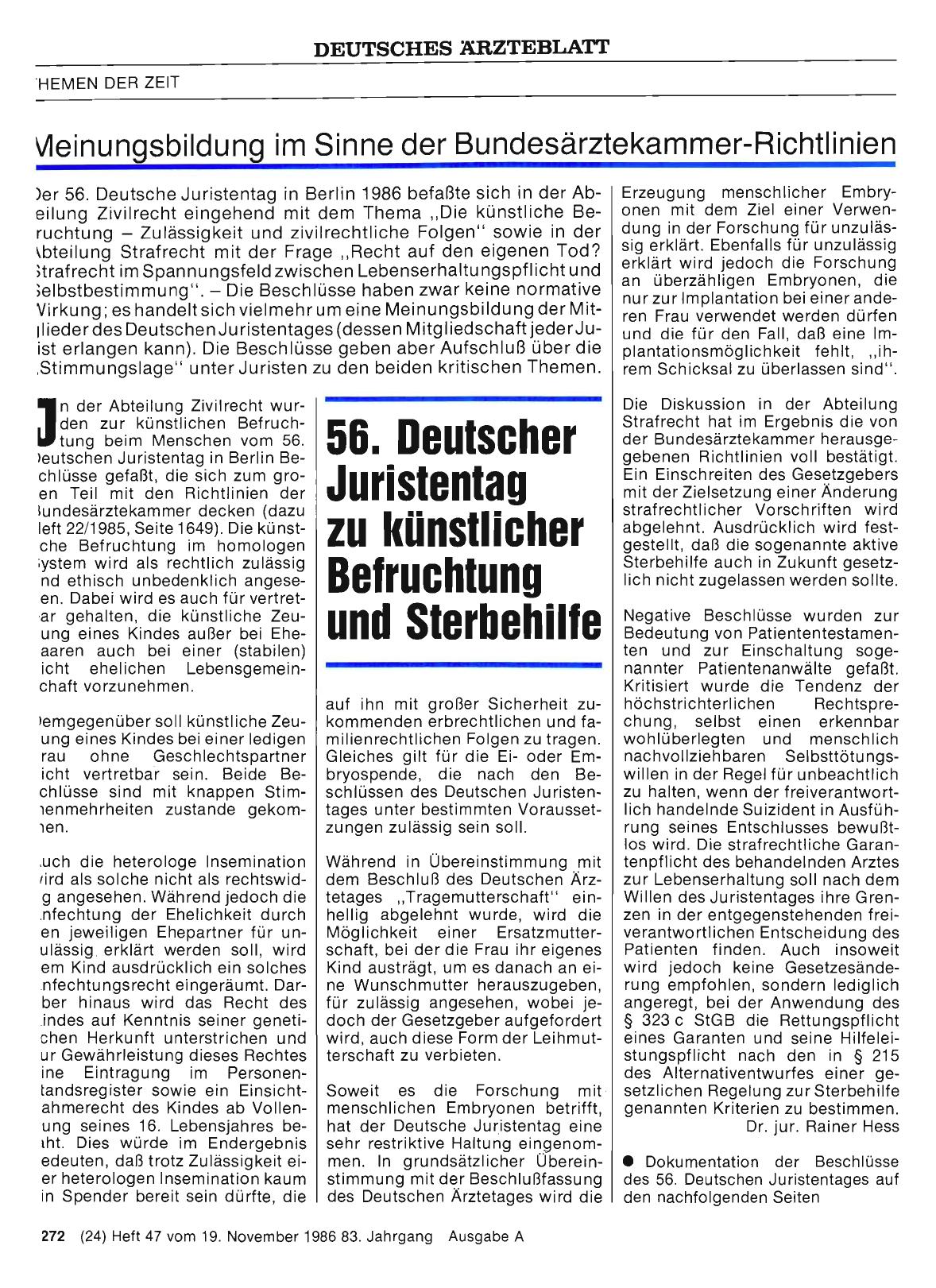 Vorschauseite 1: 56. Deutscher Juristentag zu künstlicher Befruchtung und Sterbehilfe