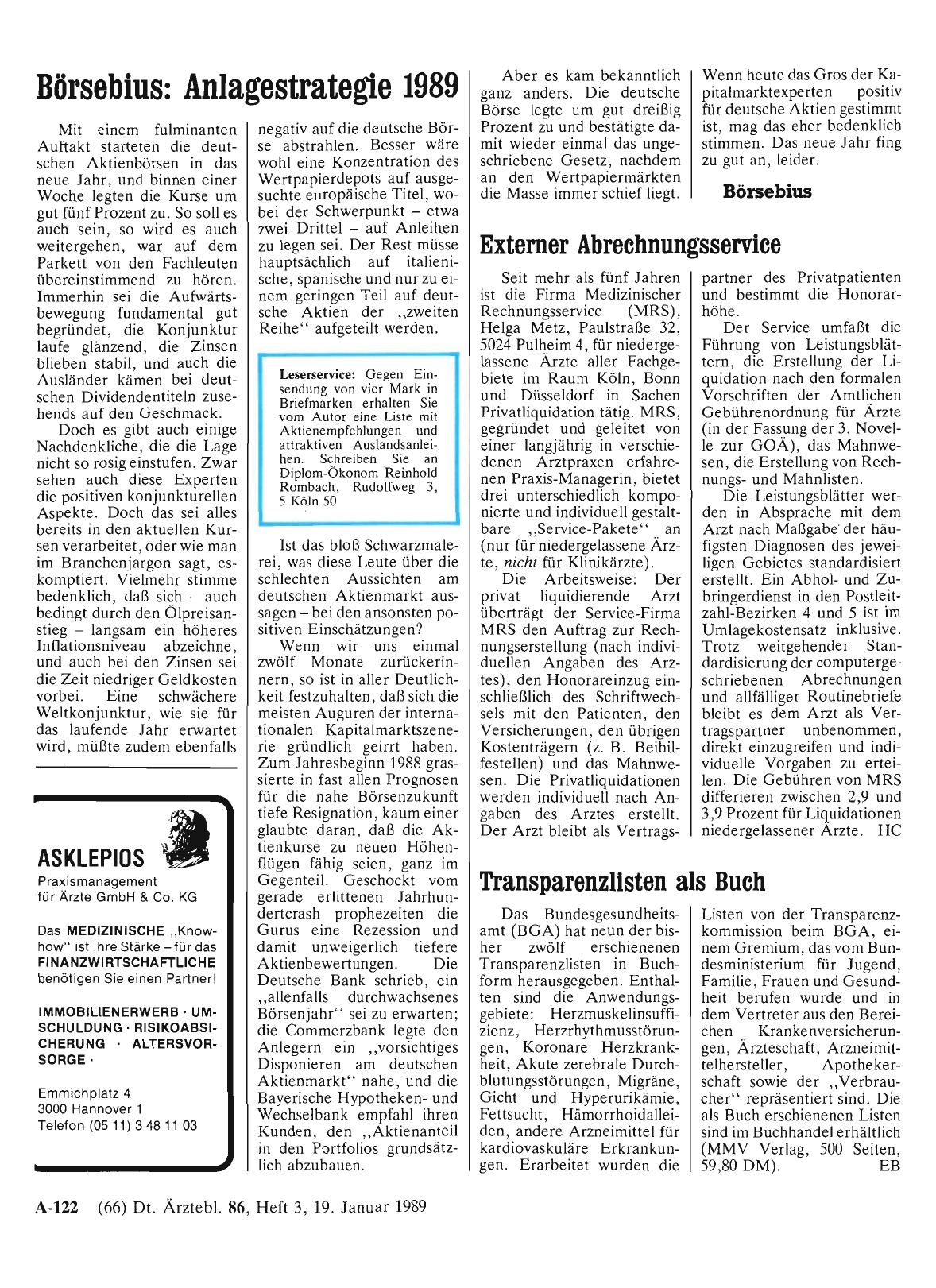 Vorschauseite 1: Börsebius: Anlagestrategie 1989