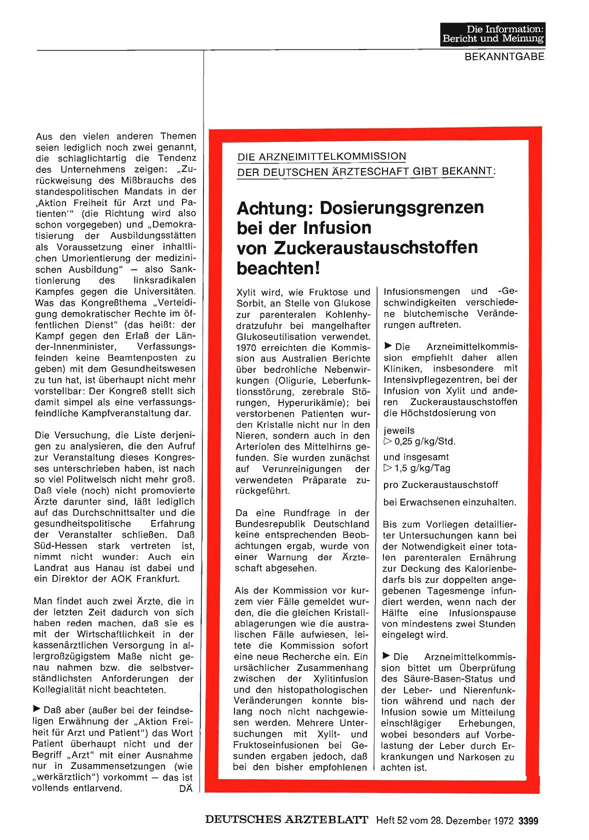 Vorschauseite 1: Die Arzneimittelkommission der Deutschen Ärzteschaft gibt bekannt: Achtung: Dosierungsgrenzen bei der Infusion von Zuckeraustauschstoffen beachten!