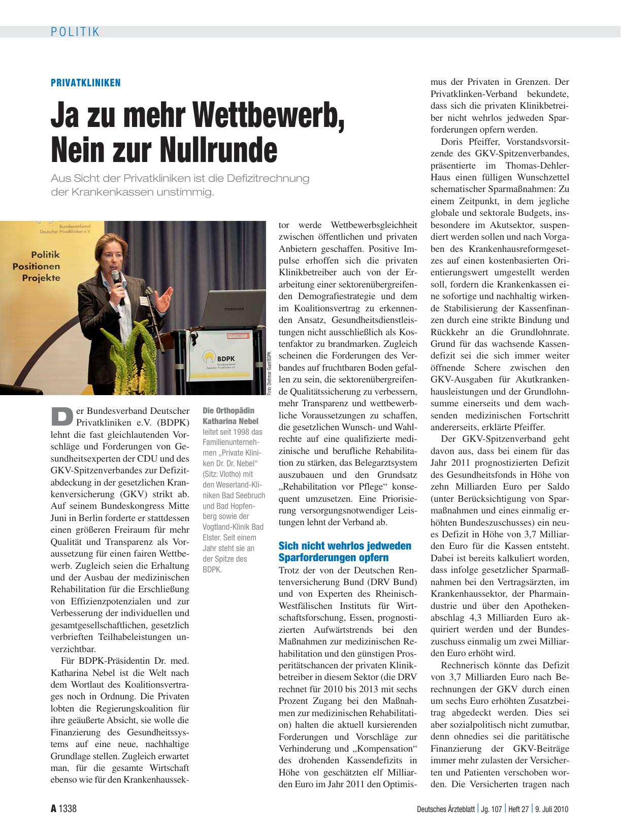 Vorschauseite 1: Privatkliniken: Ja zu mehr Wettbewerb, Nein zur Nullrunde