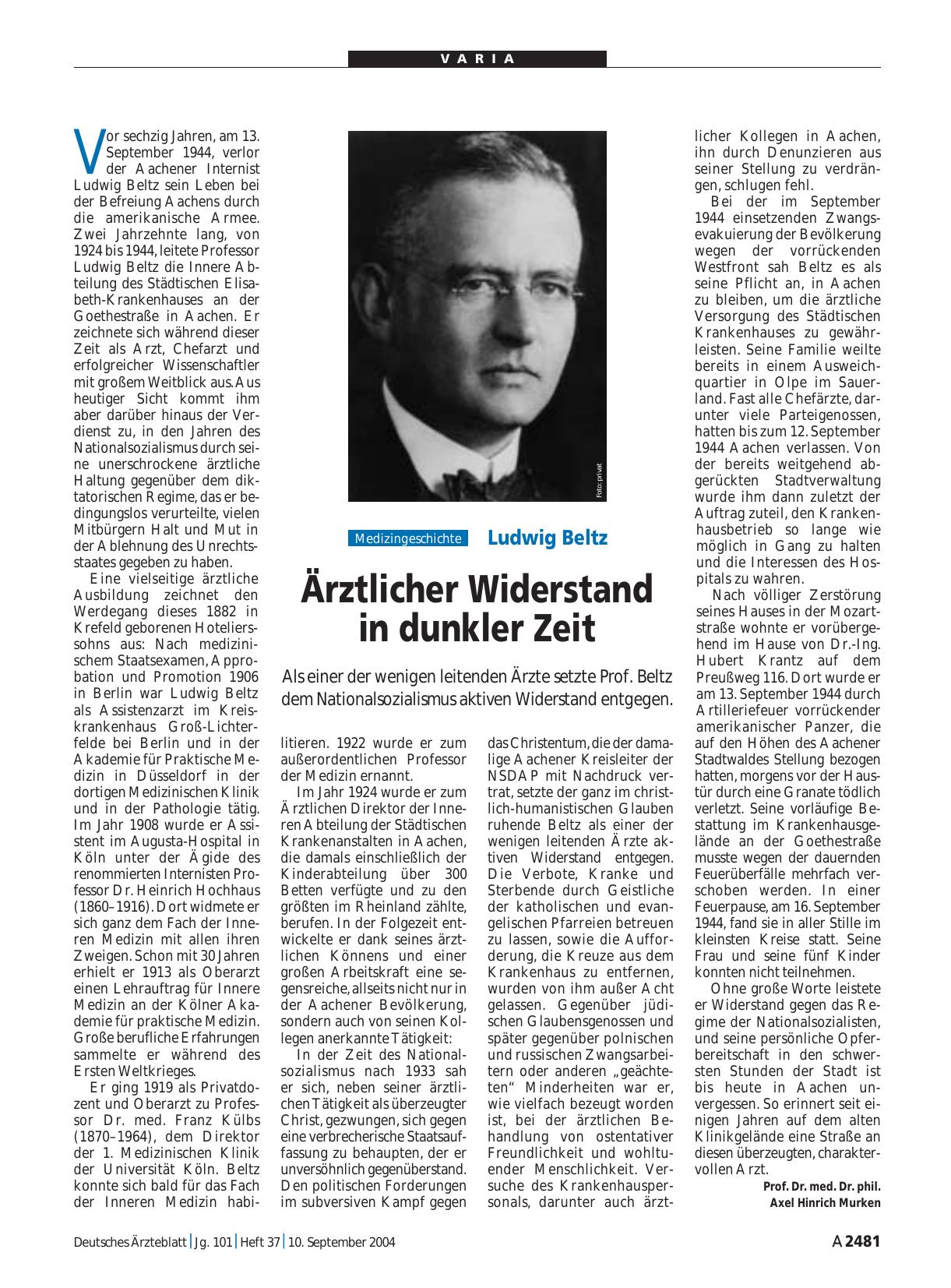 Vorschauseite 1: Ludwig Beltz: Ärztlicher Widerstand in dunkler Zeit
