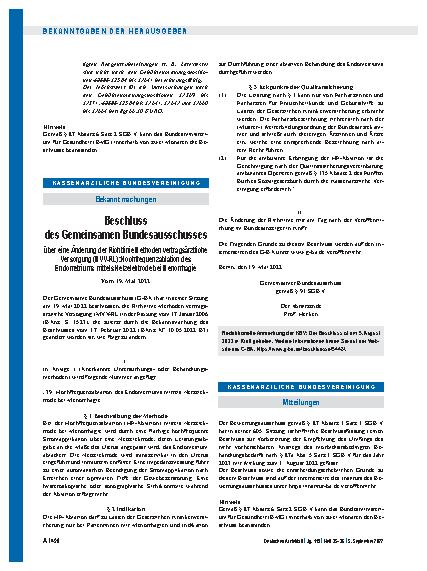 Vorschauseite 1: Beschluss des Gemeinsamen Bundesausschusses über eine Änderung der Richtlinie Methoden vertragsärztliche Versorgung (MVV-RL): Hochfrequenzablation des Endometriums mittels Netzele…