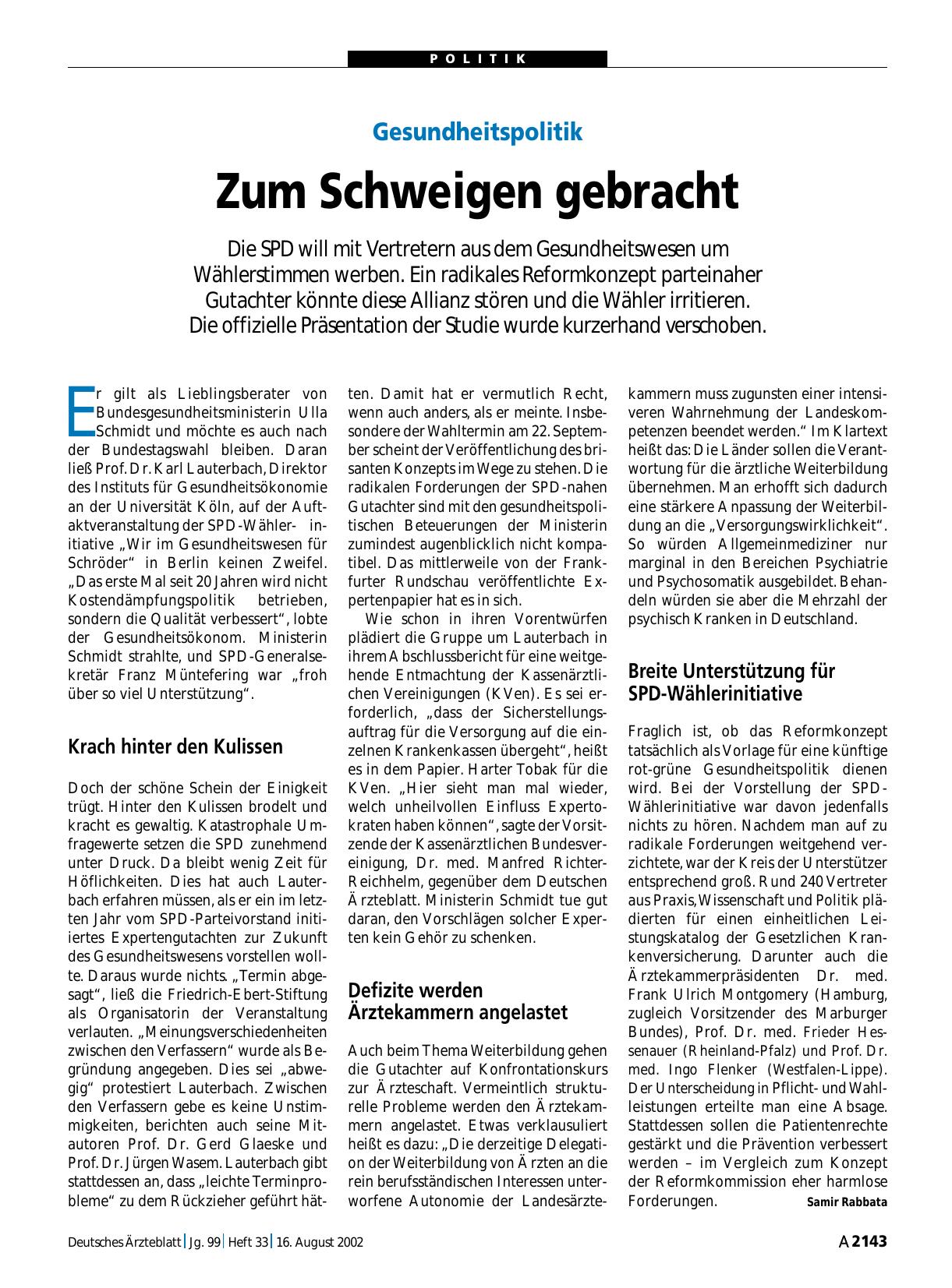Vorschauseite 1: Gesundheitspolitik: Zum Schweigen gebracht