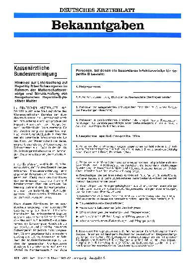 Vorschauseite 1: Hinweise zur Untersuchung auf Hepatitis B bei Schwangeren im Rahmen der Mutterschaftsvorsorge und Schutzimpfung von Neugeborenen Hepatitis-B-positiver Mütter