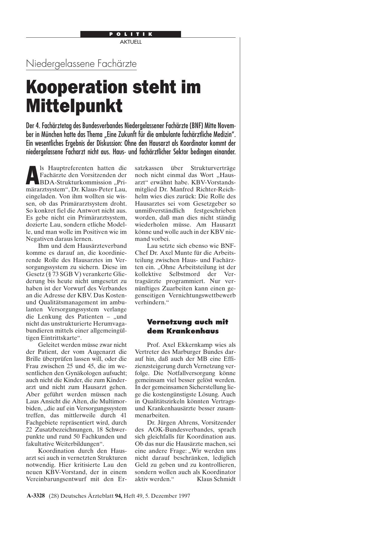 Vorschauseite 1: Niedergelassene Fachärzte: Kooperation steht im Mittelpunkt