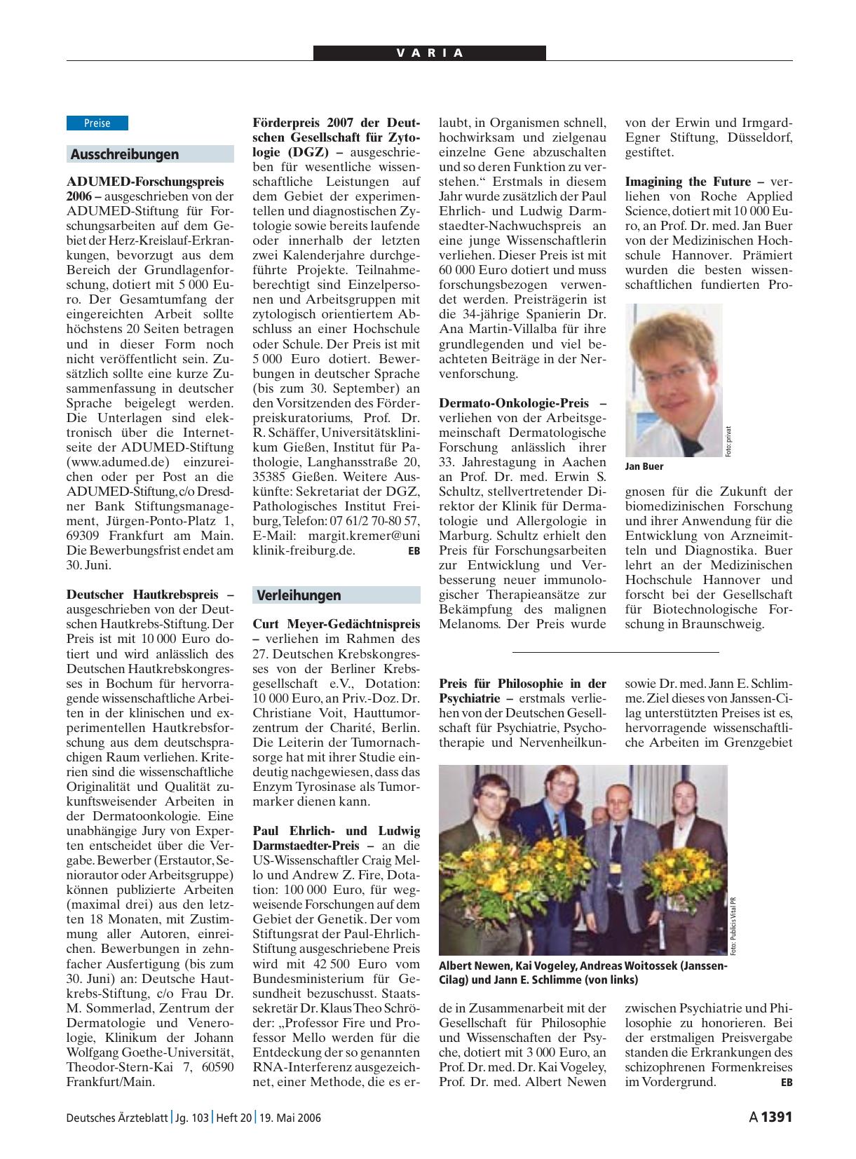 Vorschauseite 1: Preis für Philosophie in der Psychiatrie