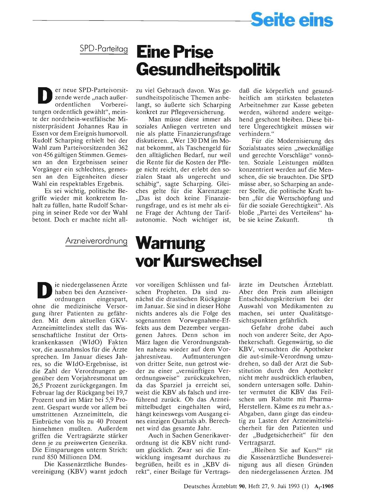 Vorschauseite 1: SPD-Parteitag: Eine Prise Gesundheitspolitik