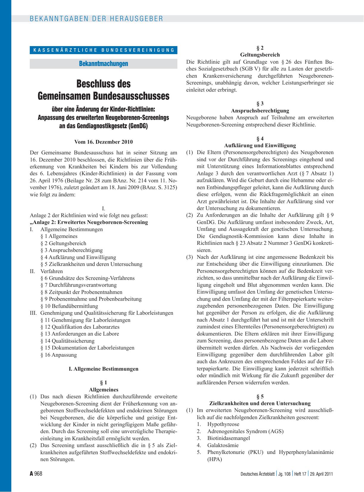 Vorschauseite 1: Beschluss des Gemeinsamen Bundesausschusses über eine Änderung der Kinder-Richtlinien: Anpassung des erweiterten Neugeborenen-Screenings an das Gendiagnostikgesetz (GenDG)