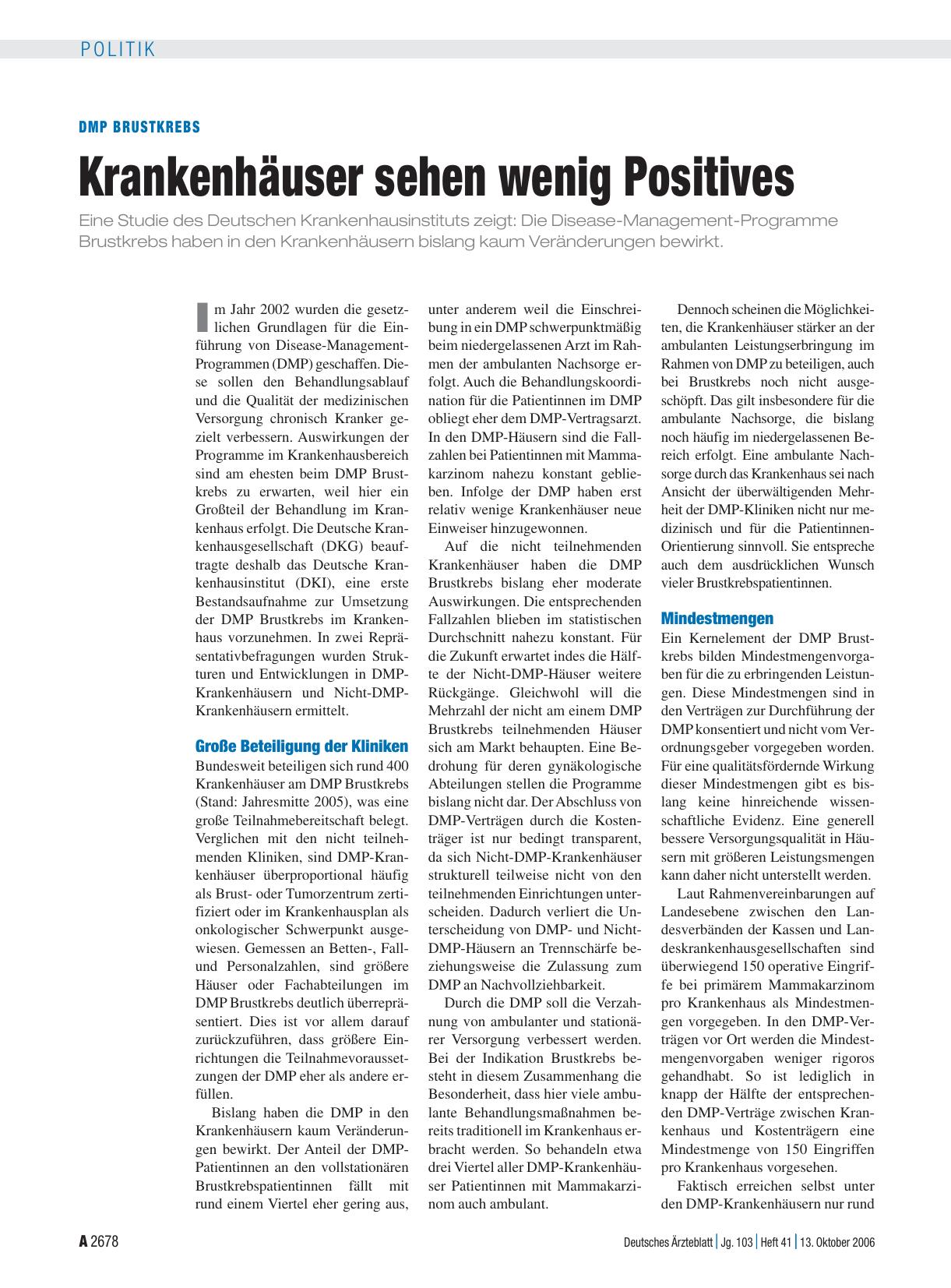 Vorschauseite 1: DMP Brustkrebs: Krankenhäuser sehen wenig Positives