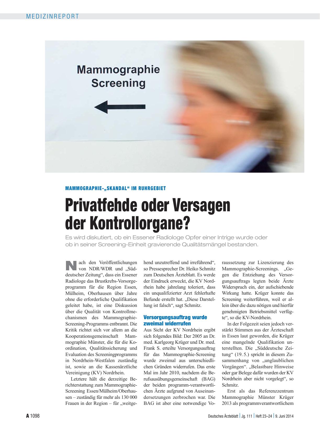 Vorschauseite 1: Mammographie-„Skandal“ im Ruhrgebiet: Privatfehde oder Versagen der Kontrollorgane?