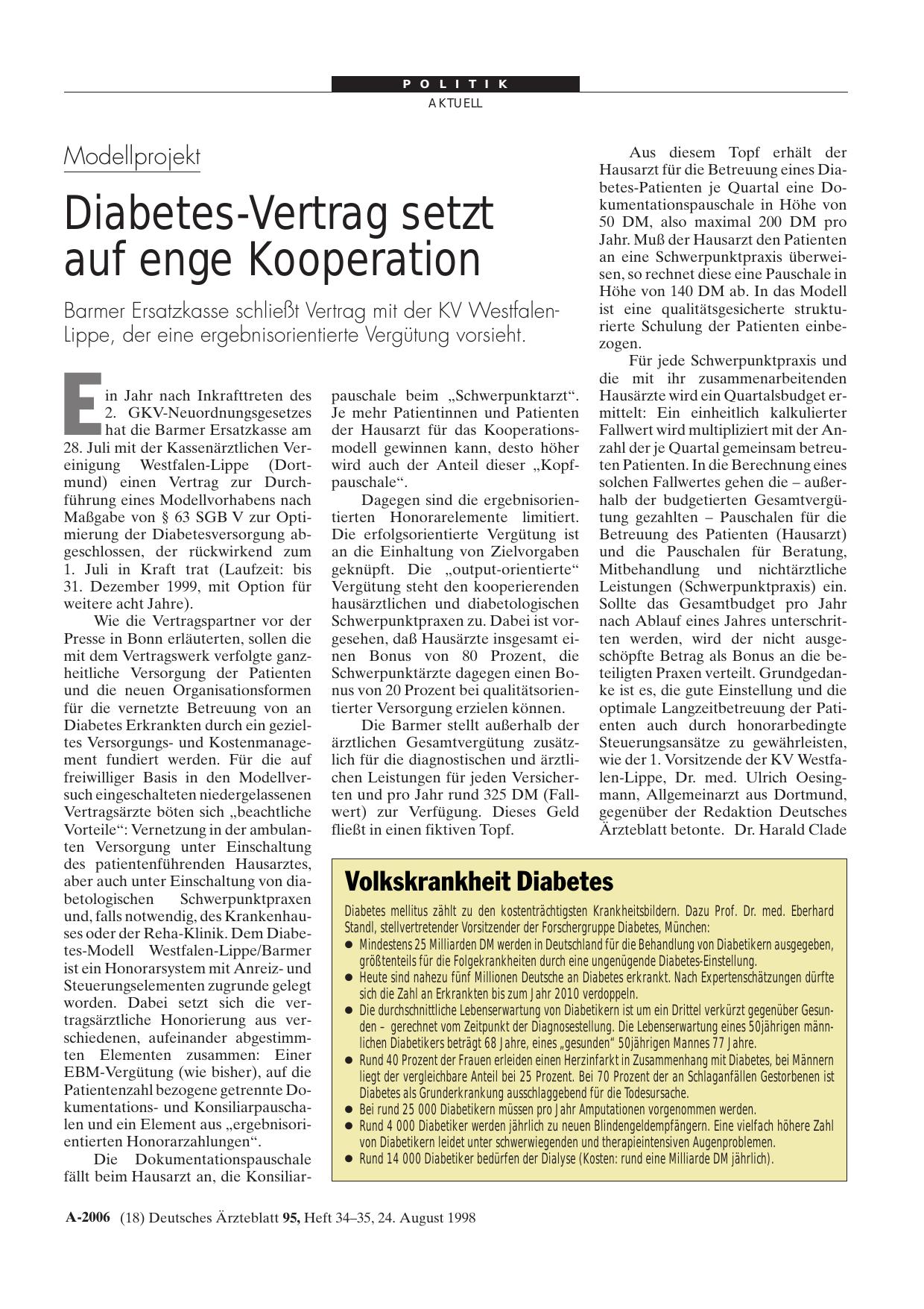 Vorschauseite 1: Modellprojekt: Diabetes-Vertrag setzt auf enge Kooperation