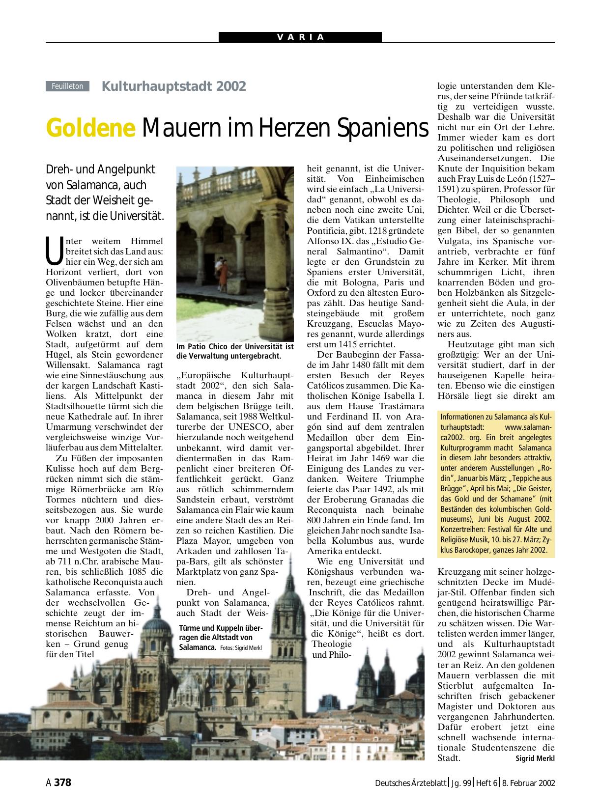 Vorschauseite 1: Kulturhauptstadt 2002: Goldene Mauern im Herzen Spaniens
