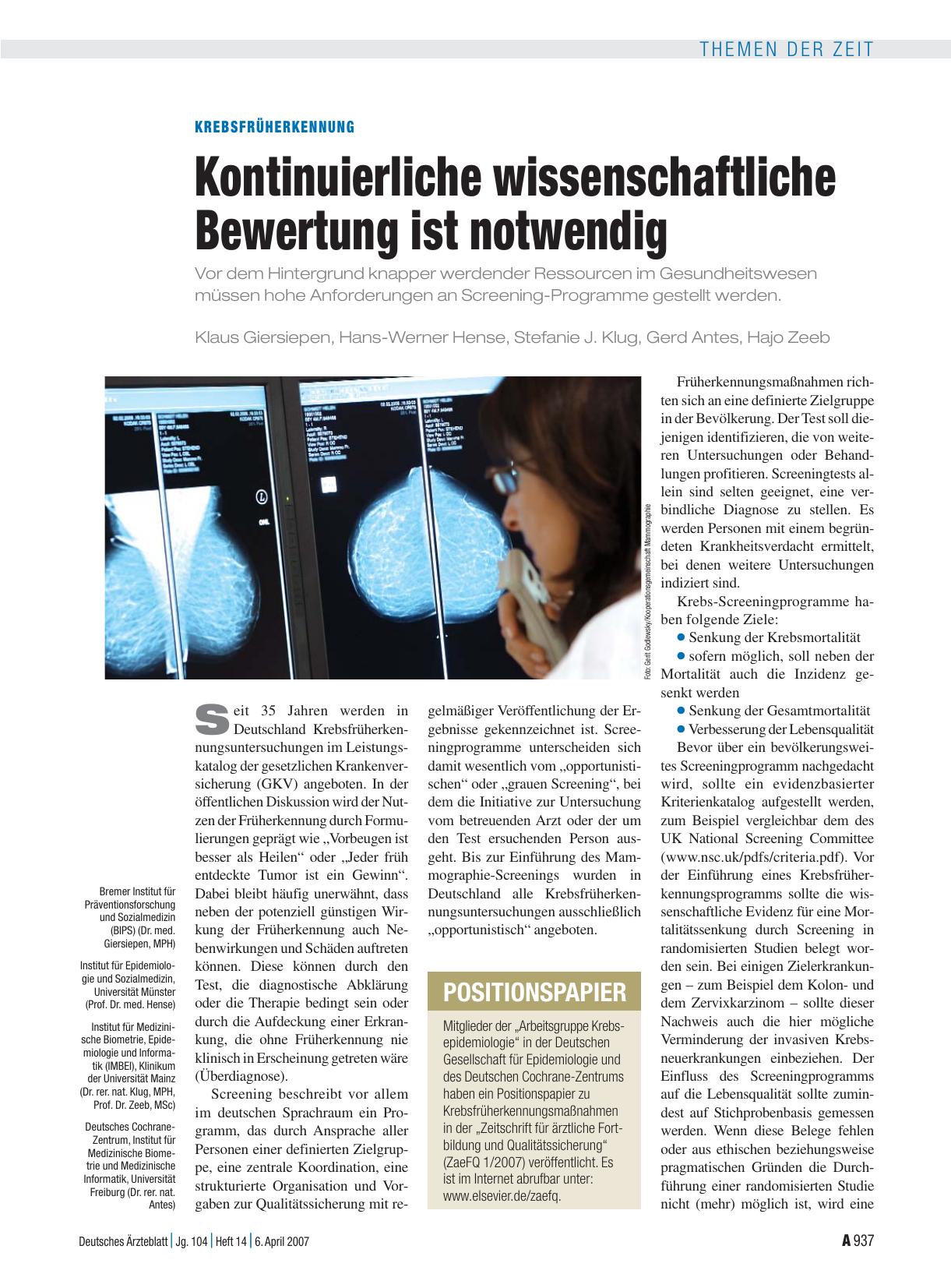 Vorschauseite 1: Krebsfrüherkennung: Kontinuierliche wissenschaftliche Bewertung ist notwendig