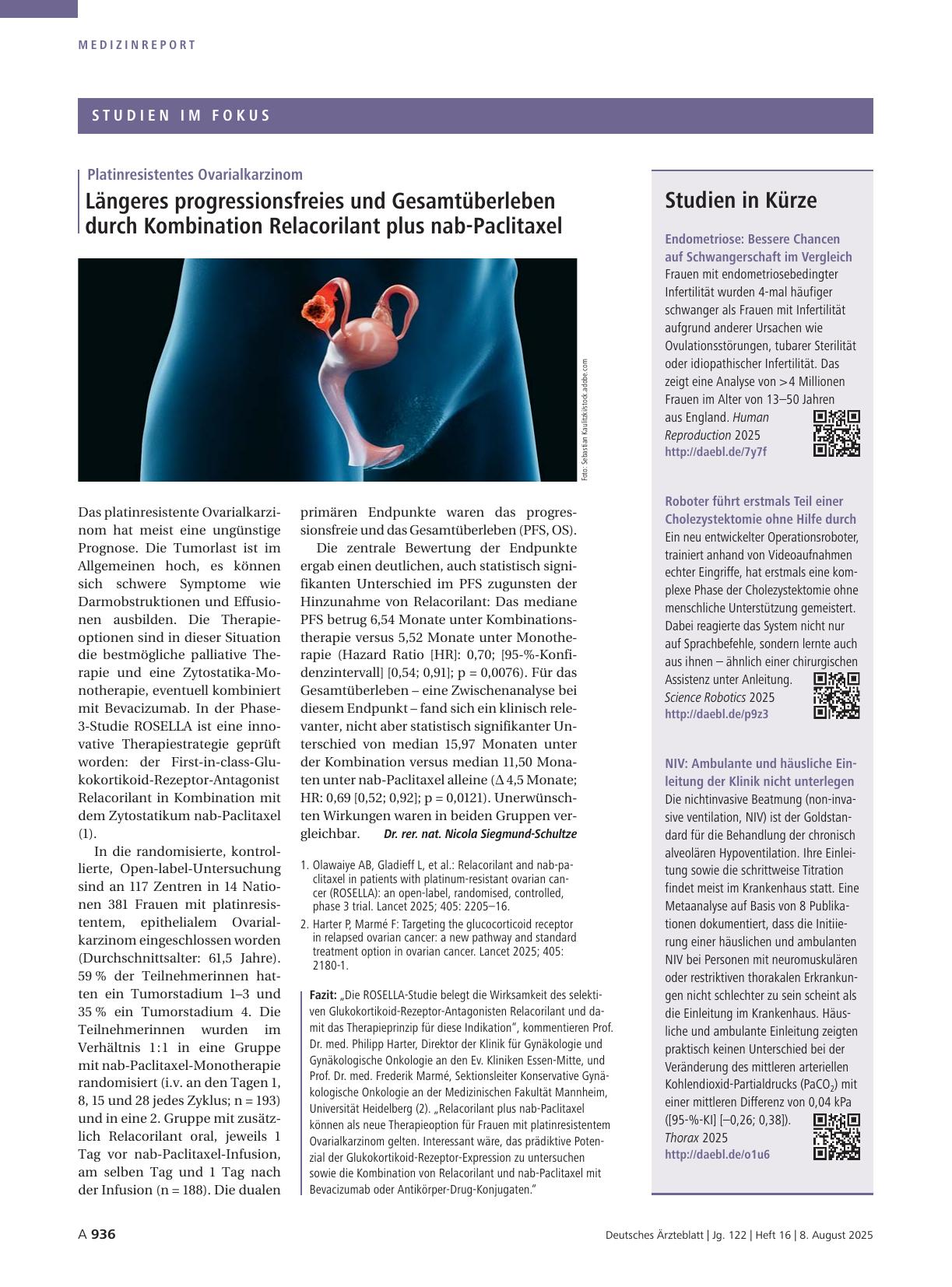 Vorschauseite 1: Platinresistentes Ovarialkarzinom: Längeres progressionsfreies und Gesamtüberleben durch Kombination Relacorilant plus nab-Paclitaxel
